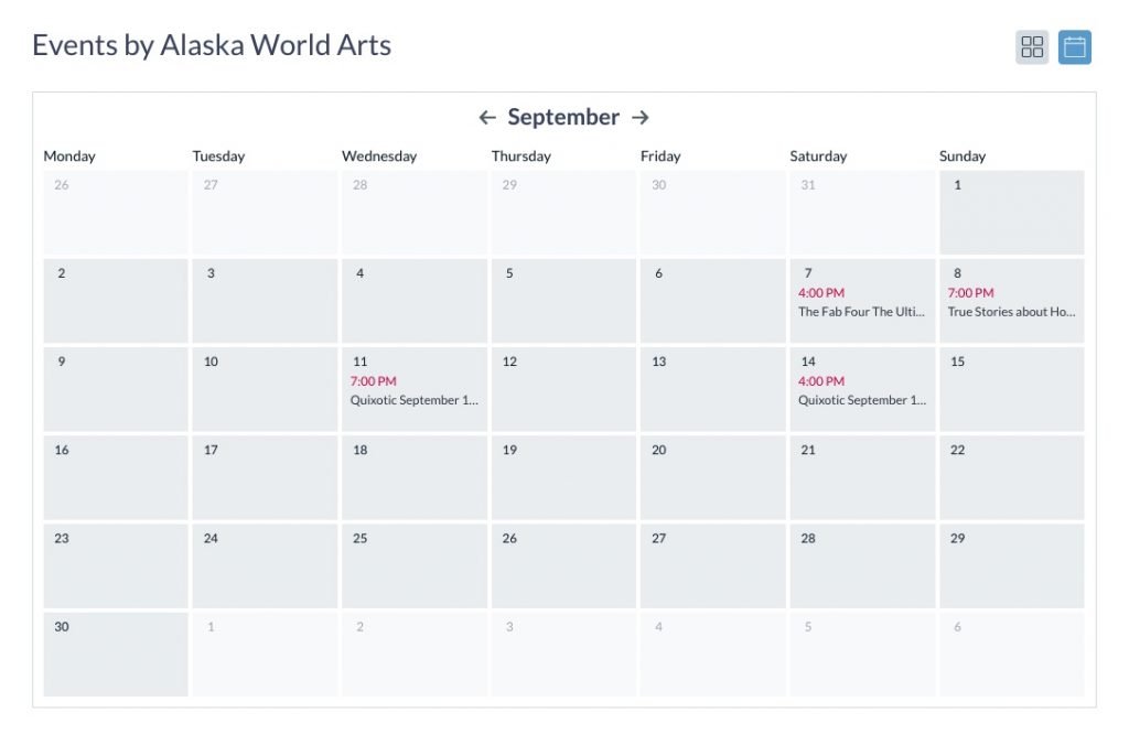 Event Showcase Page calendar view